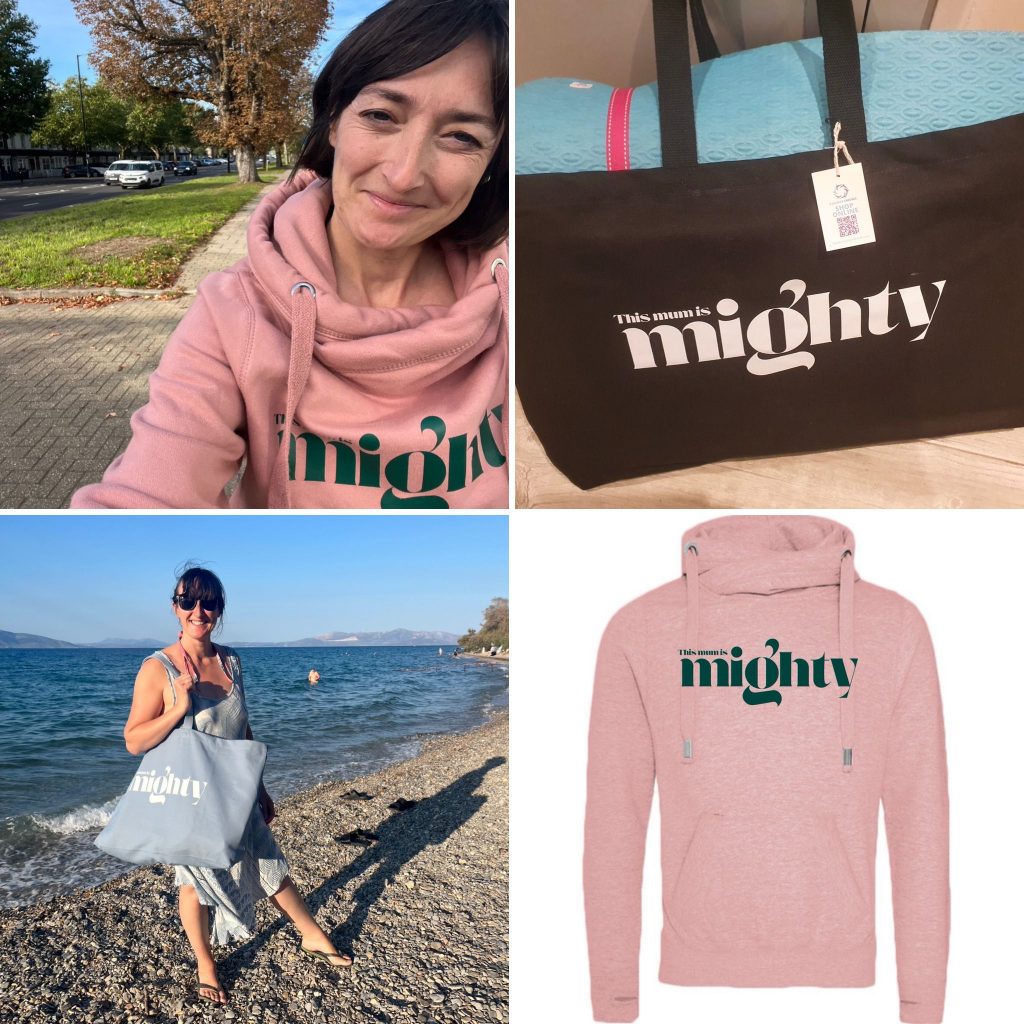 Images of This Mum is Mighty products including founder Tracey Butcher wearing a salmon pink hoodie. a black bag.