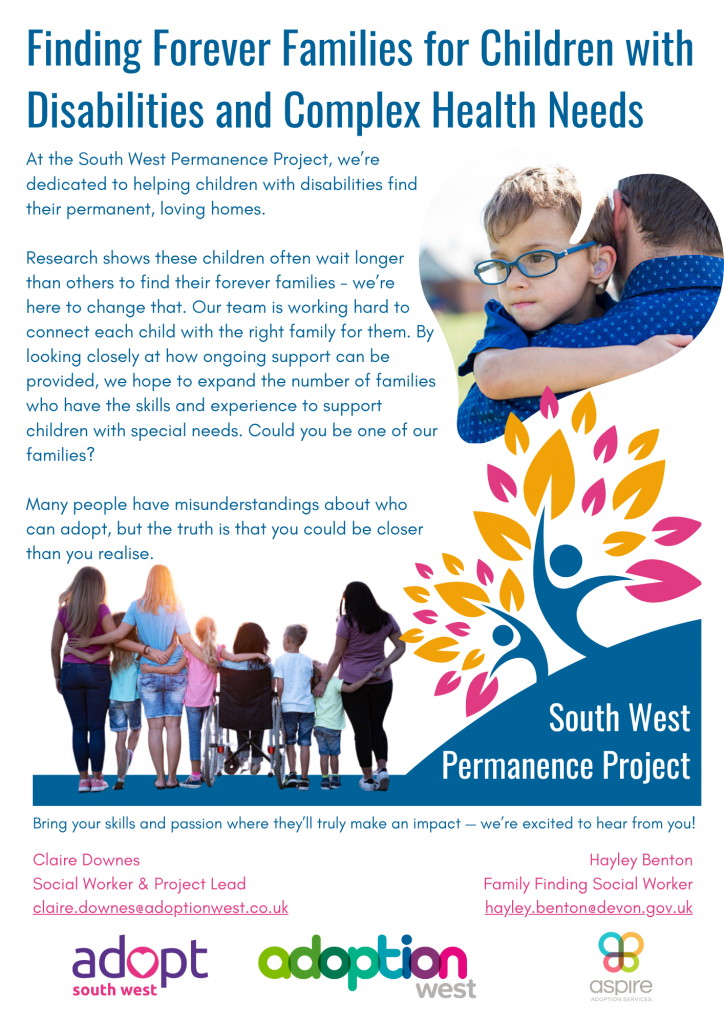 Image sharing details of Adoption West's campaign to help those thinking of adopting children with complex needs and disabilities