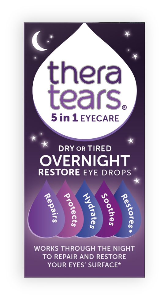 Image of the front of a box of Thera Tears overnight eye drops featuring a black background with stars and moon, a white tear and smaller coloured tears with wording inside them