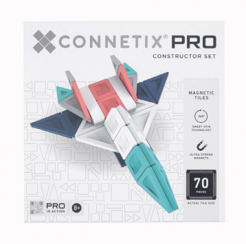Connetix Pro Construction set with an image of a fighter jet made from the tiles