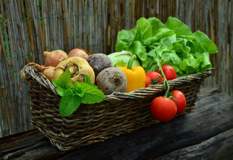 A basket of vegetables on a wooden bench representing simple nutrition for busy parents