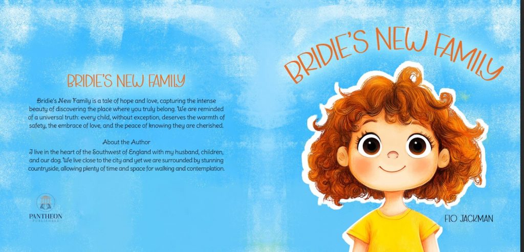 The book cover of Bridie's New Family written by Flo Jackman featuring a drawn image of a young girl with golden hair, browneyes and wearing a yellow t-shirt