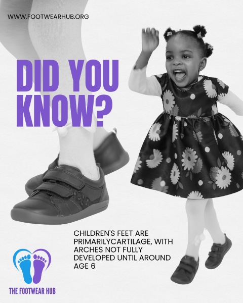 A black and white image of a young black girl wearing a dress and tights, highlighting her shoes with a guide to children's shoe fitting
