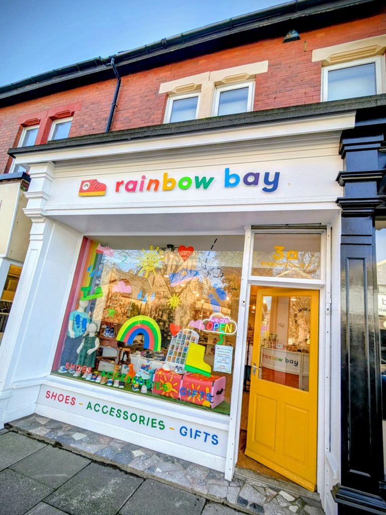 The shop front of Rainbow Bay kids shoe shop, Whitley Bay