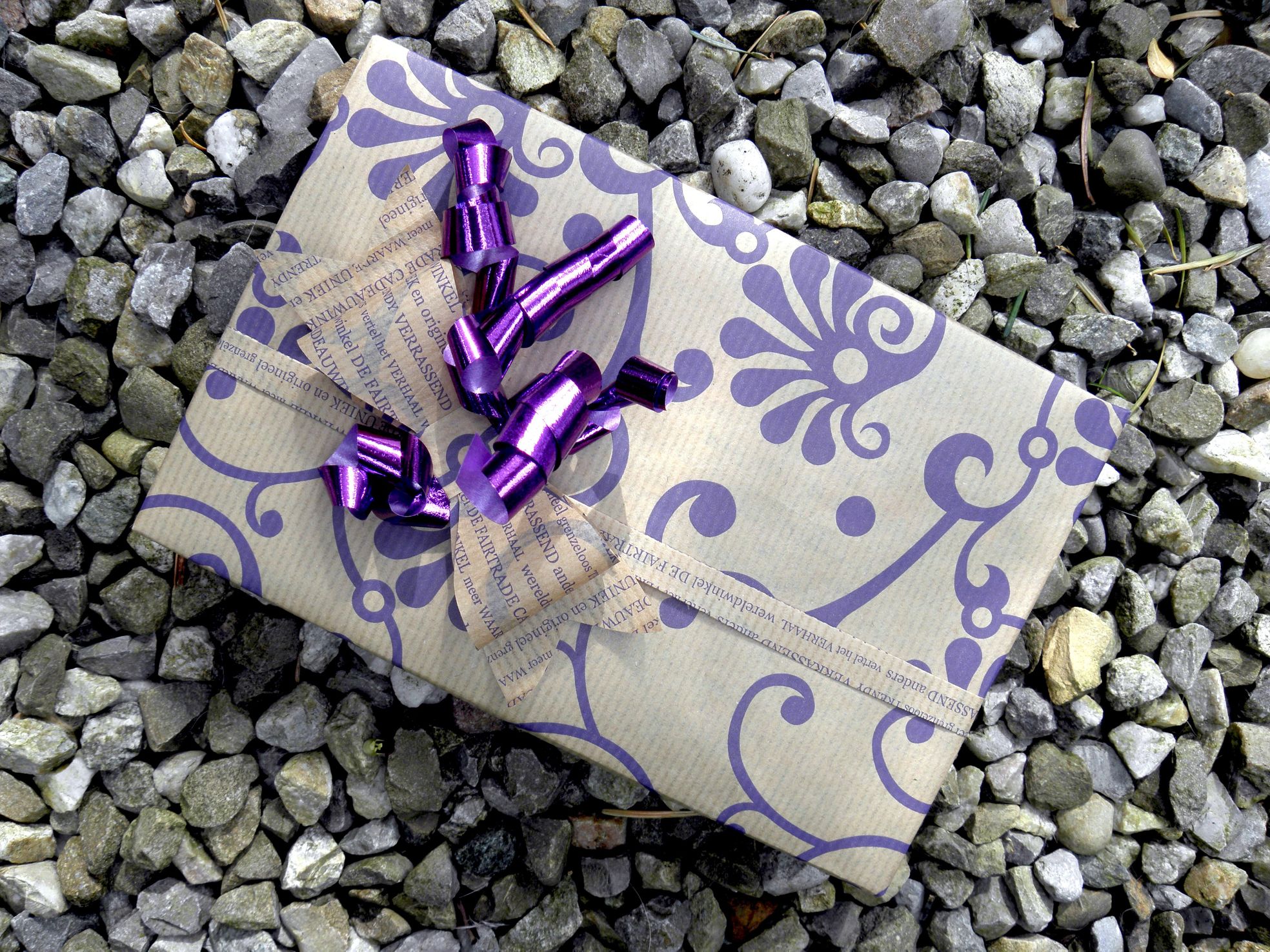 Present wrapped in paper with a purple print, with purple ribbon, resting on small pebbles