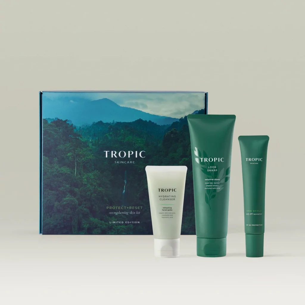 Tropics Protect & Reset skin care kit. The 3 bottles standing on their end in front of the box