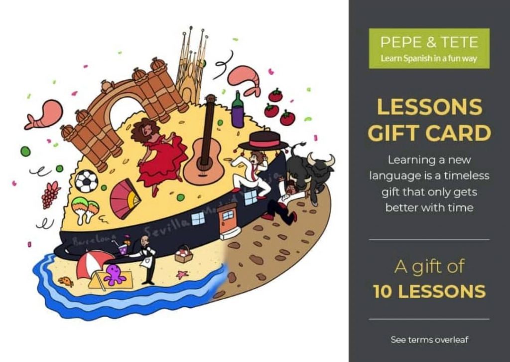 Gift voucher from Pepe and Tete featuring a cartoon image of icon Spanish features like flamenco dancers and Gaudi architecture